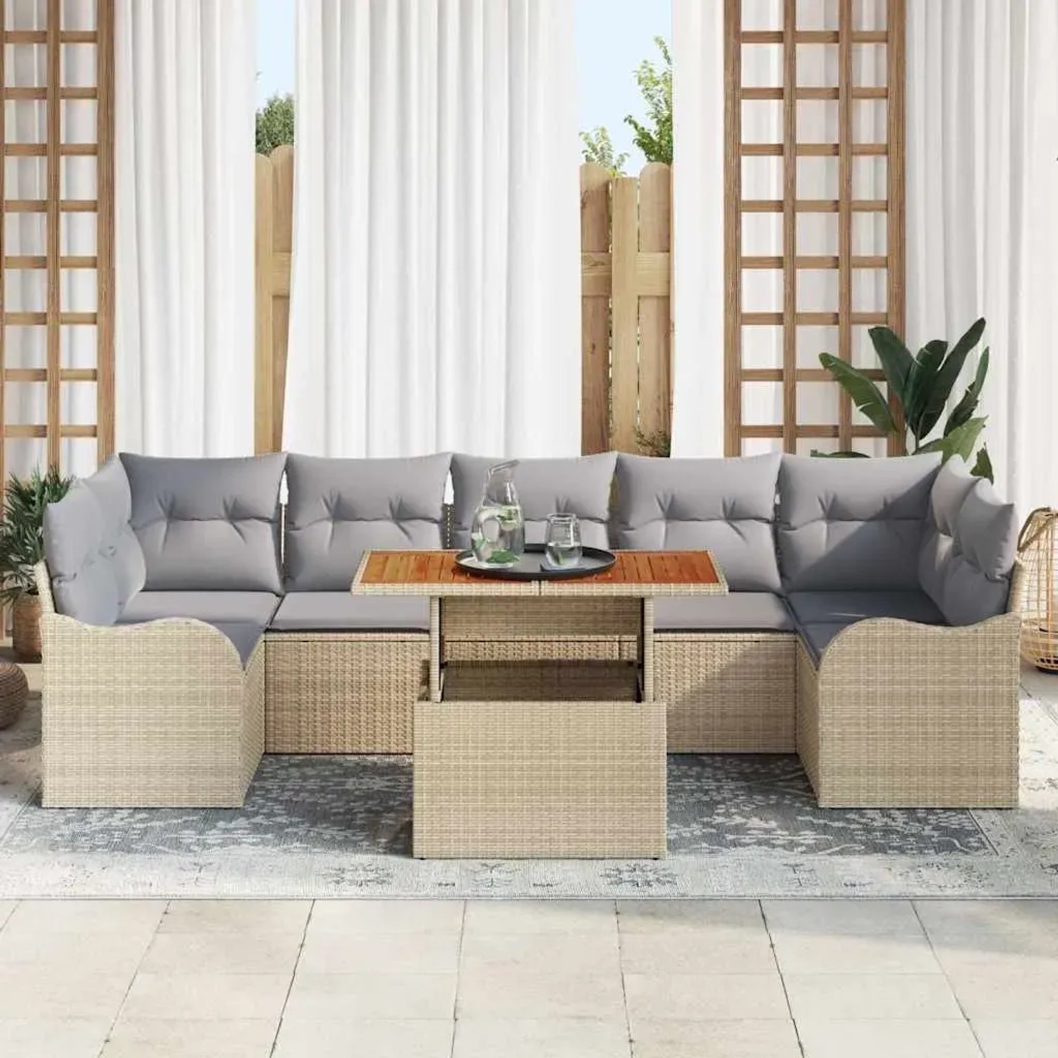 Beiges 8-teiliges vidaXL Garten-Sofa-Set aus Polyrattan mit Stauraum und Tisch.