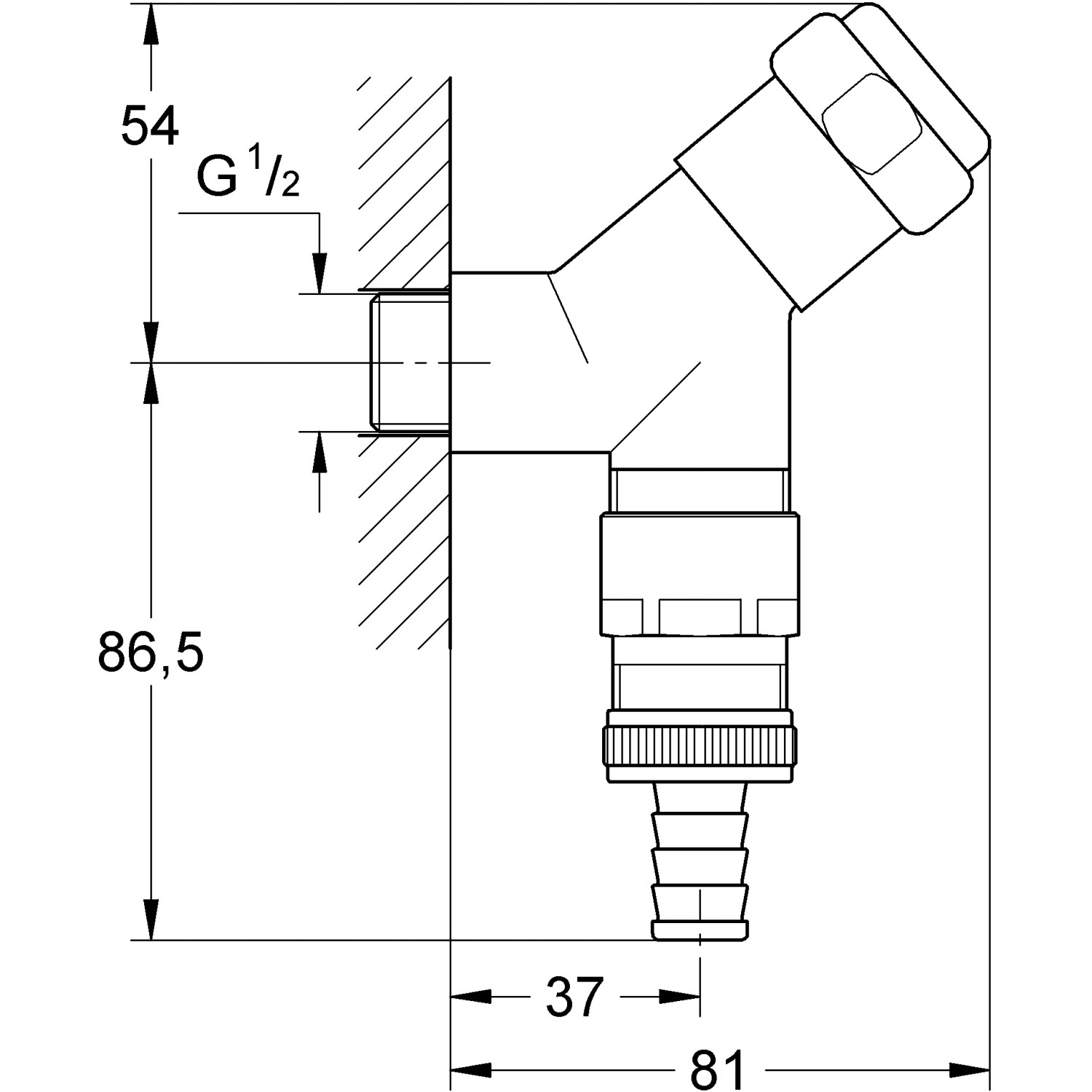 Technische Zeichnung: Grohe WAS Anschlussventil DN 15 für Waschgeräte, Maße und Details.