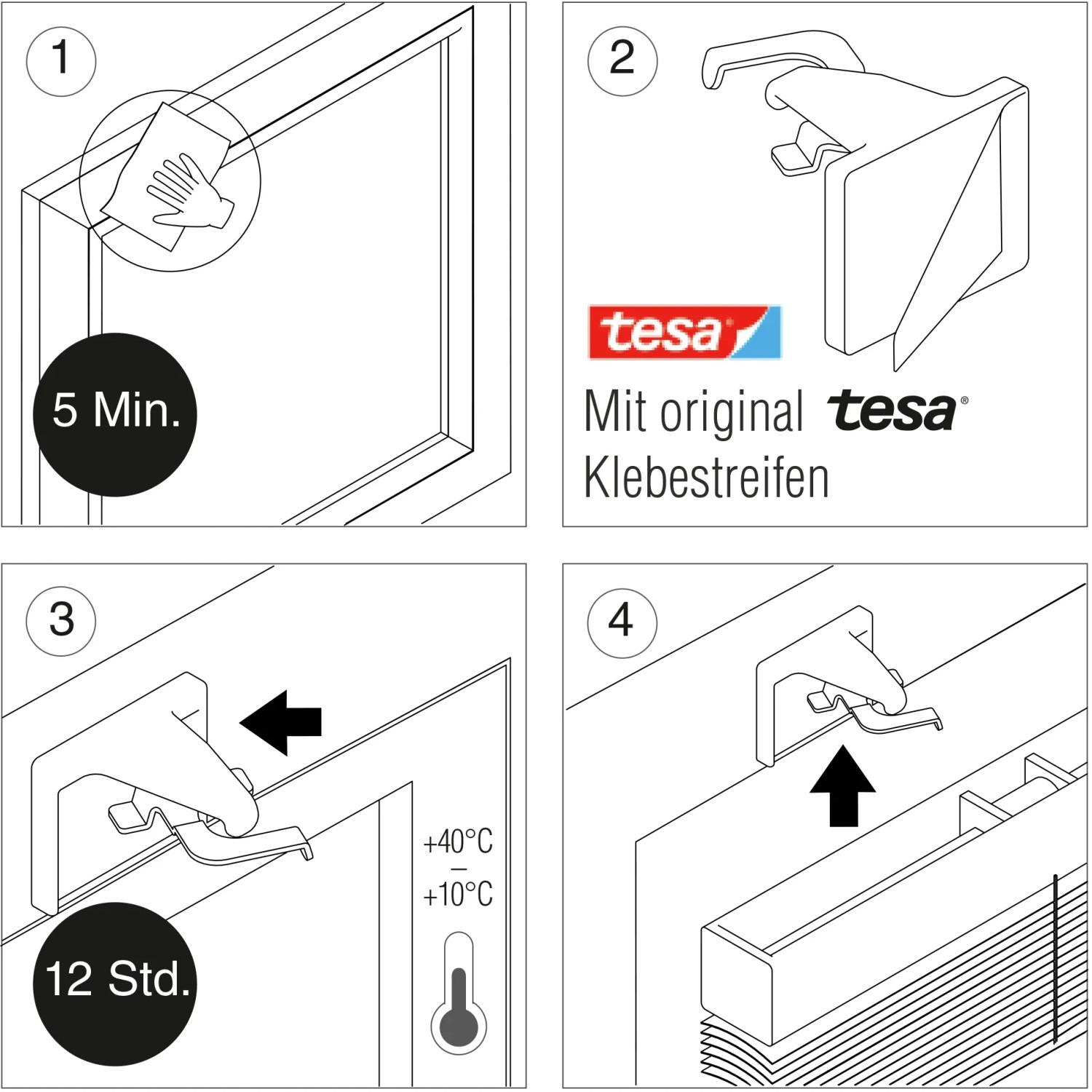 Montageanleitung Gardinia Klebeträger-Set für Jalousien, weiße Träger mit Tesa Klebestreifen.