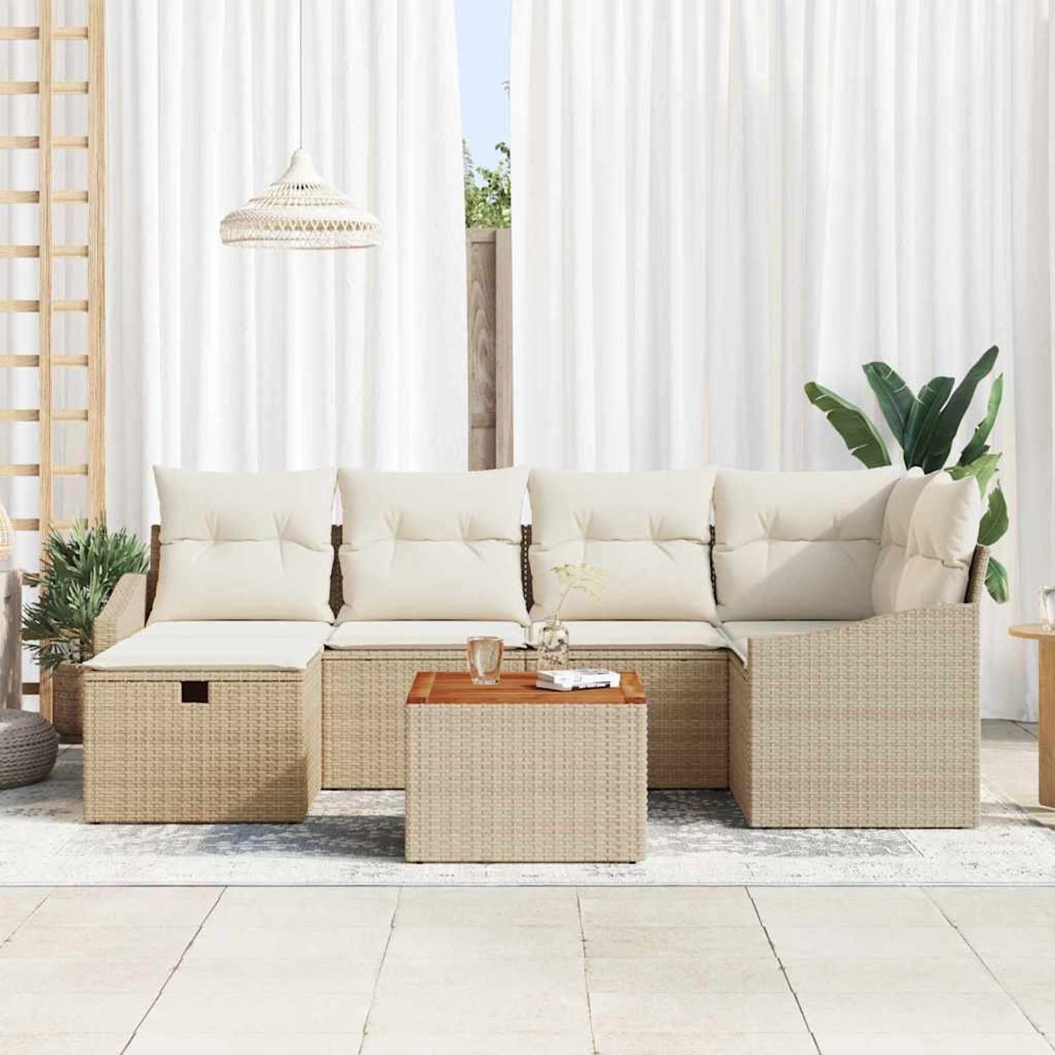 Beiges 7-teiliges vidaXL Garten-Sofa-Set aus Poly Rattan mit Kissen und Tisch.