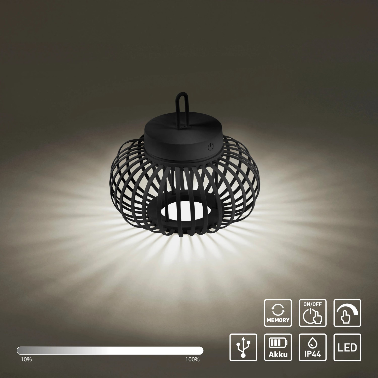 Schwarze LED Akku-Pendelleuchte Akuba, 22x25cm, für Innen & Außen. Dekorative Außenleuchte mit warmweißem Licht.