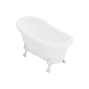 Weiße, freistehende ovale Badewanne Nisos 145 cm mit vier dekorativen Löwenfüßen.