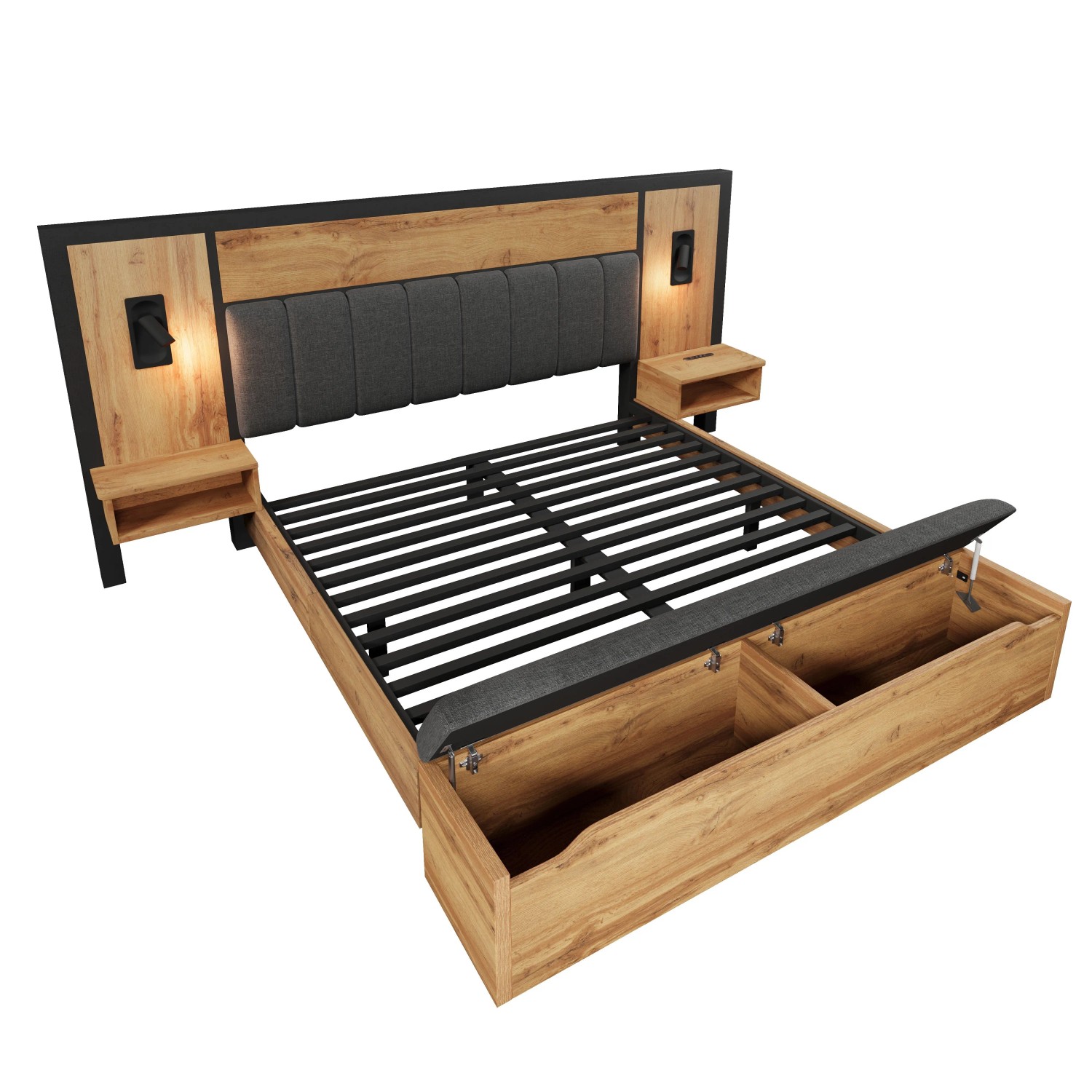 Okwish Polsterbett 180×200 Doppelbett Mit Leselampe Und Usb-C Nachttisch Und Sitzbank Ohne Matratze