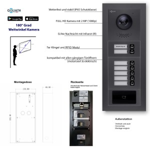 Goliath IP Video Türsprechanlage für 7 Familien, Unterputz, mit RFID, App-Steuerung, anthrazit/weiß.