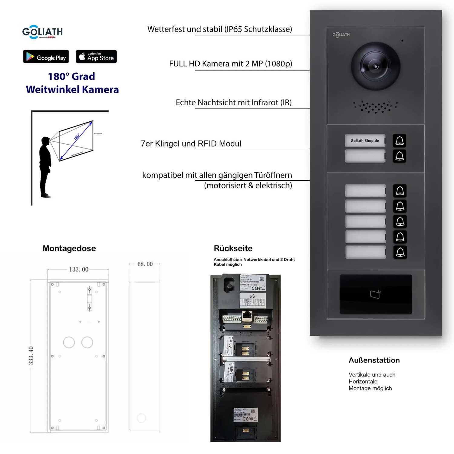 Goliath IP Video Türsprechanlage für 7 Familien, Unterputz, mit RFID, App-Steuerung, anthrazit/weiß.