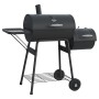 Schwarzer Jamestown Smoker Aldon Holzkohlegrill mit Ablagefläche und Rädern.