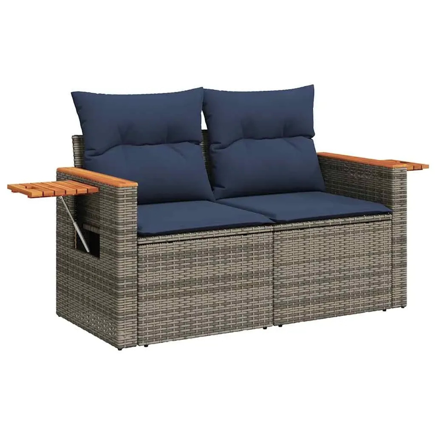 Graue 9-tlg. vidaXL Garten-Sofagarnitur aus Polyrattan mit marineblauen Kissen und Akazienholz-Akzenten.