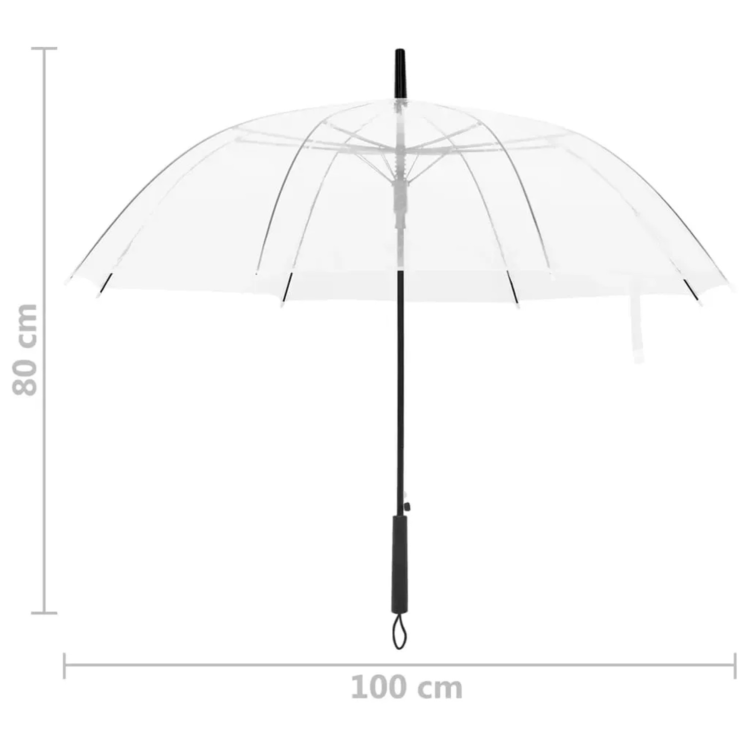 Transparenter vidaXL Regenschirm, 80 cm Länge, 100 cm Durchmesser, mit schwarzem Griff und Metallrippen.