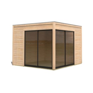Karibu Gartenhaus Dillen 3 mit Schiebetür aus naturbelassenem Holz, Ansicht von außen.