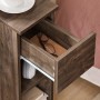 Schmaler Nachttisch in dunkler Holzoptik mit offener Schublade, Brille, Kopfhörer und Ablagefach. Ideal für Schlafzimmer.