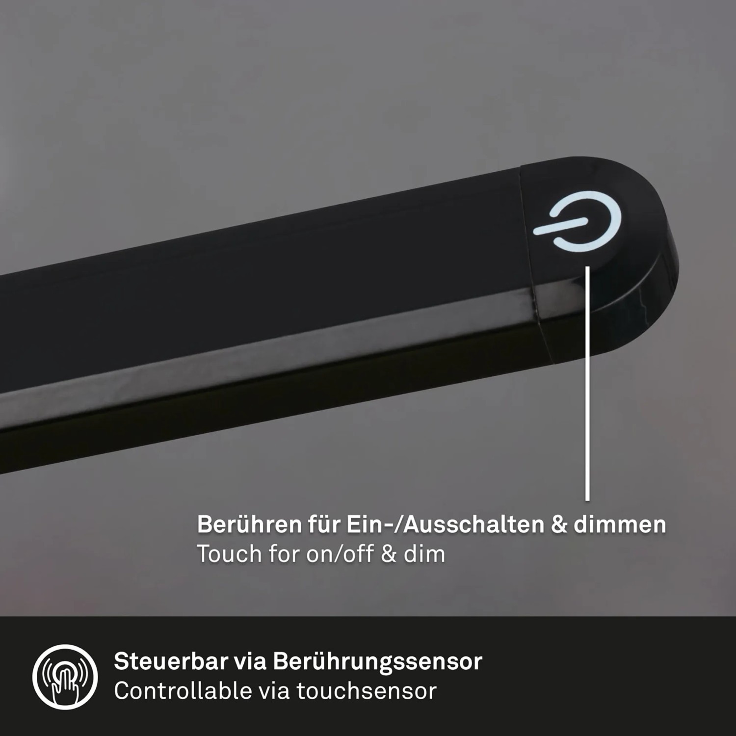 Detailaufnahme: Schwarze Brilo Stehleuchte mit Touch-Dimmer und Ein/Aus-Schalter.