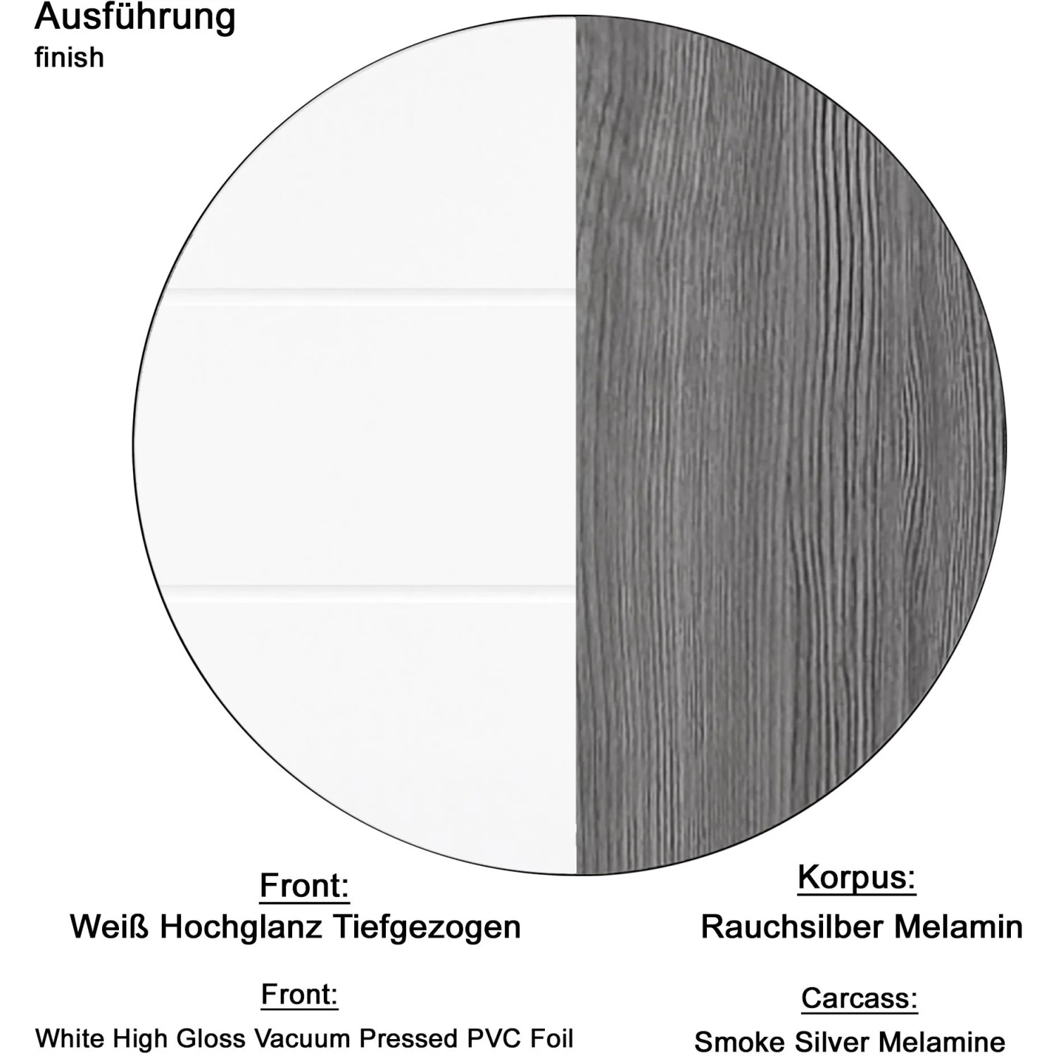 Detailansicht: Trendteam Waschbeckenunterschrank LineSkinBD, weiße Front, rauchsilberner Korpus.