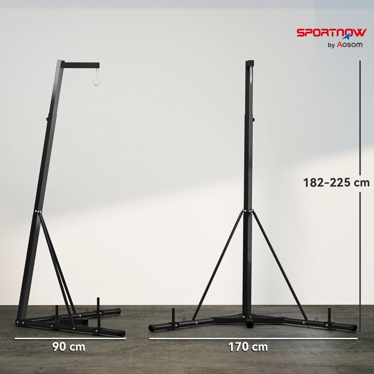 Schwarzer, klappbarer SPORTNOW Boxsackständer aus Stahl, höhenverstellbar, mit beschwerbarer Basis. Maße: 170x90x182-225 cm.