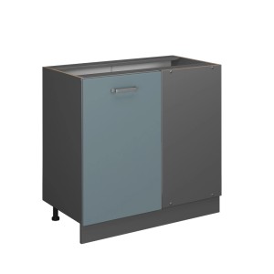 Vicco Eckunterschrank R-Line, blau-graue Front, anthrazitfarbener Korpus, 86 cm hoch, ohne Arbeitsplatte.