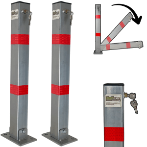 TRUTZHOLM 2x Absperrpfosten, klappbare Parkplatzsperre mit Standfuß und roten Signalstreifen.
