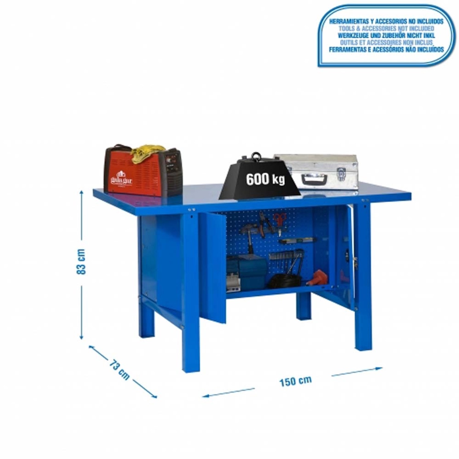 Blaue PROREGAL Werkbank Buffalo Metal mit Schrank, 150 cm breit, Traglast 600 kg.