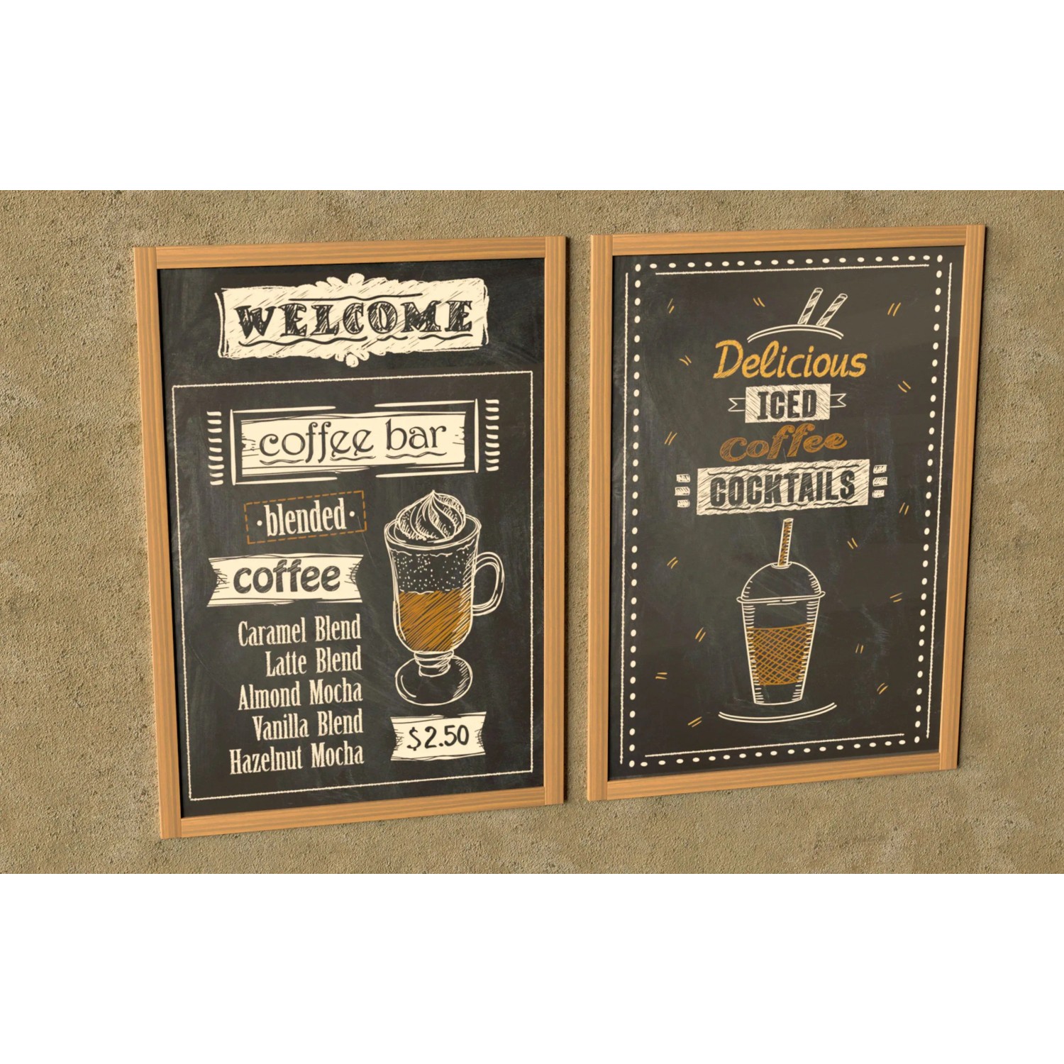 Zwei beschriftete Kreidetafeln mit Holzrahmen für Kaffee und Cocktails.