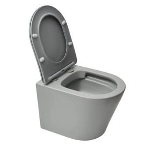Graues, mattes Wand-WC mit offenem SoftClose TakeOff WC-Sitz. Spülrandloses Design, 48 cm kurz, ideal für kleine Bäder.