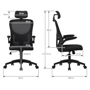 ML-Design Bürostuhl, ergonomisch, schwarz, Mesh, mit Maßangaben zu Höhe, Breite und Tiefe.