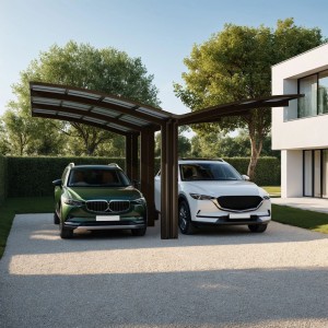 Mattbrauner Ximax Carport Portoforte-110 Y-Ausführung mit zwei geparkten Autos.
