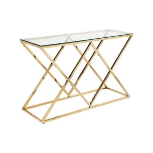 Eleganter Konsolentisch Charlotte für Wohnzimmer, mit goldfarbenem Edelstahlgestell und transparenter Glasplatte, 120 cm.