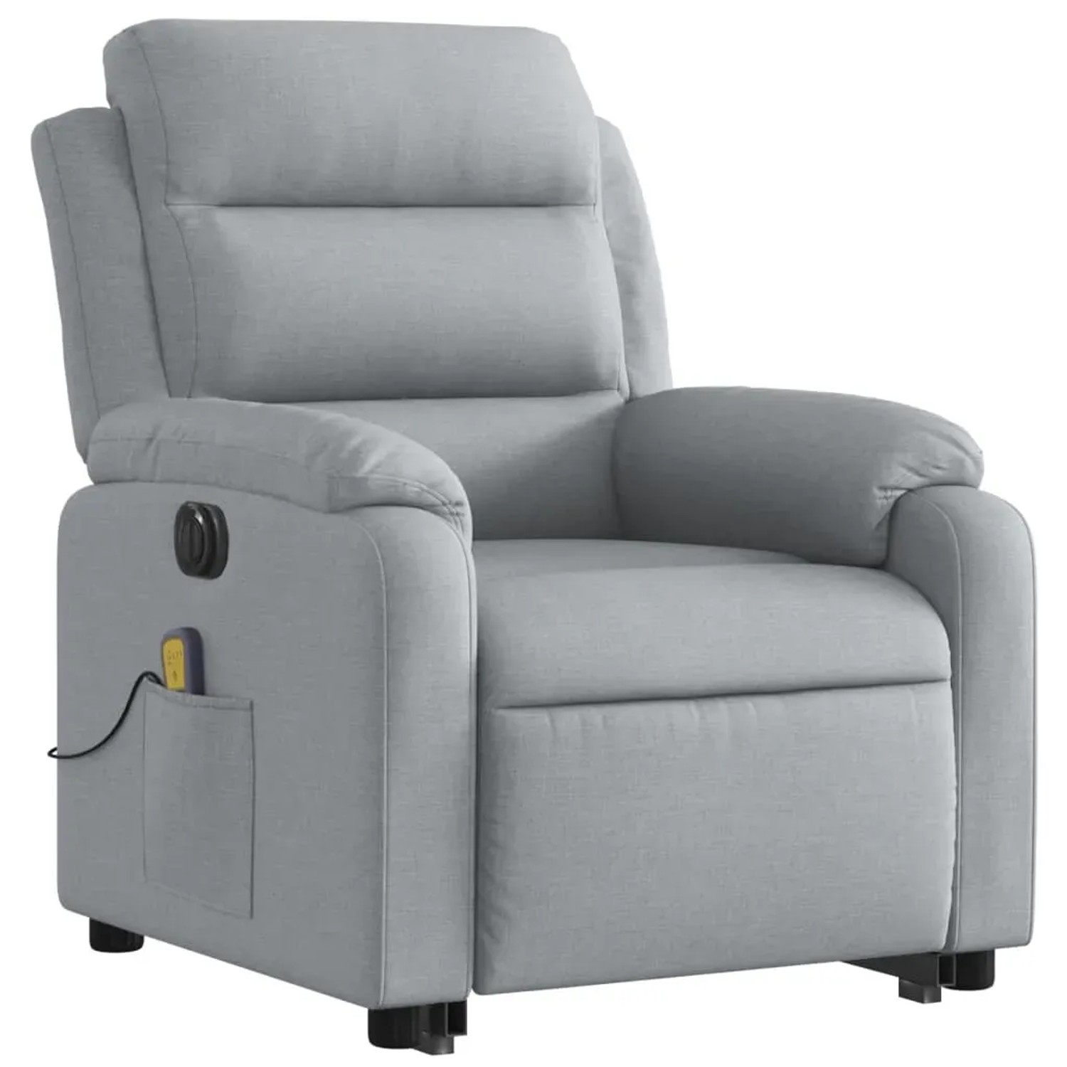 Elektrischer Massagesessel mit Aufstehhilfe, hellgrauer Stoff, Relaxsessel für Senioren.