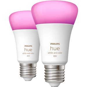 2er-Pack Philips Hue E27 LED-Lampen mit Farbwechsel, 800 lm, für smarte Beleuchtung.