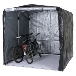 Anthrazitfarbene MCW Fahrradgarage N61 201x201x201cm mit zwei Fahrrädern.