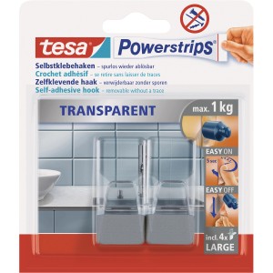 Tesa Powerstrips Haken, transparent-chrom matt, 2 Stück. Selbstklebende Handtuchhalter für Bad & Küche.