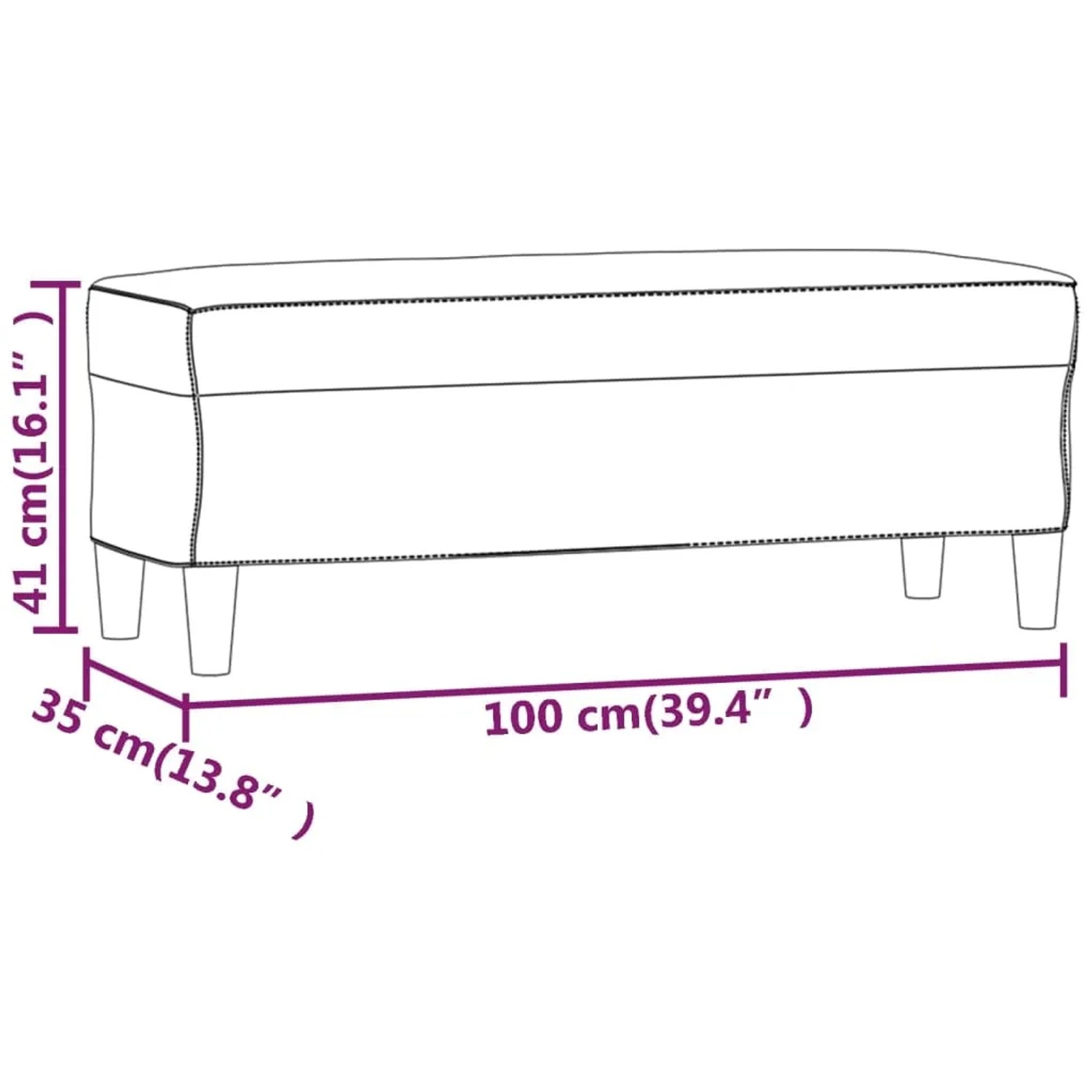 Dunkelgraue Stoff-Sitzbank, 100x35x41 cm. Technische Zeichnung mit Maßen der Schuhbank.