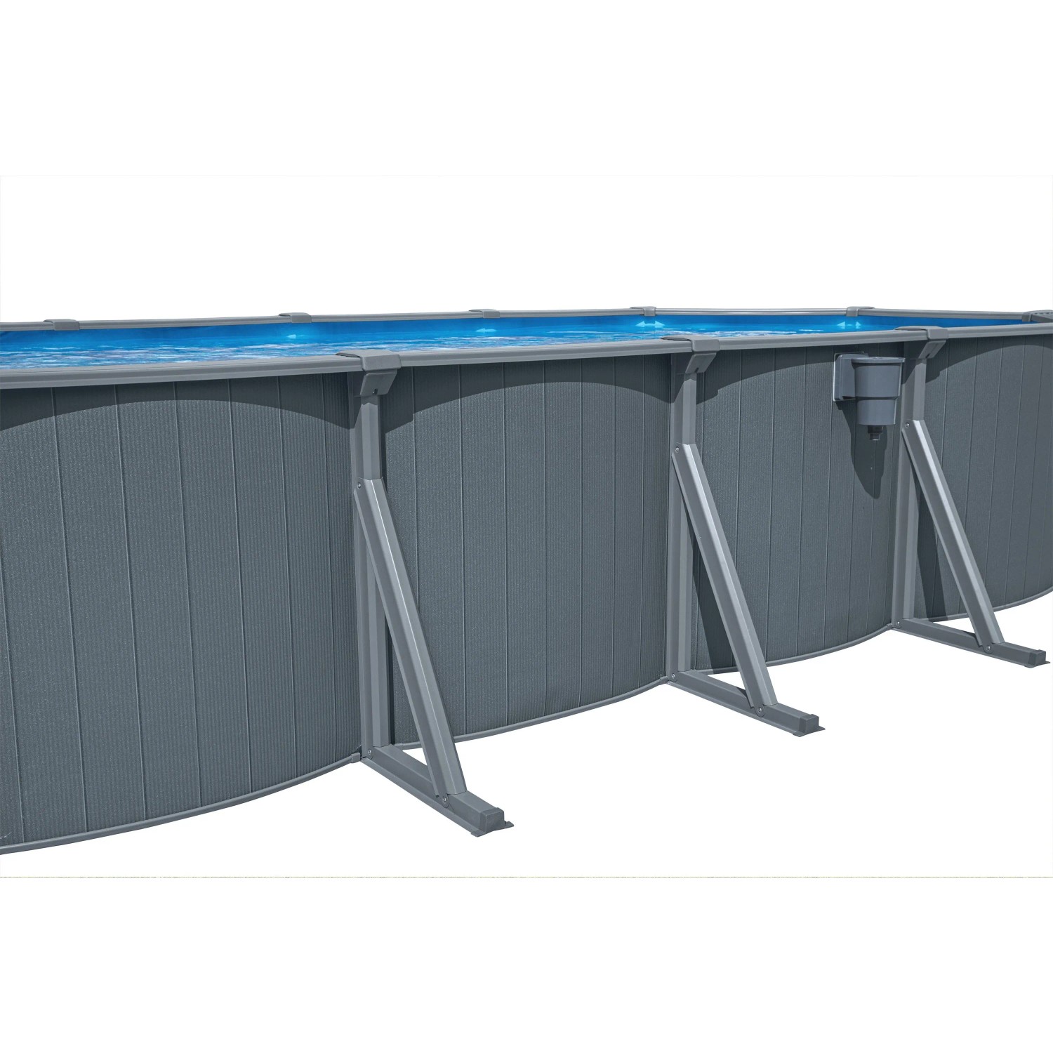 Bestway Hydrium Stahlwandpool in Holzoptik, graue Außenwand mit Stützstreben.