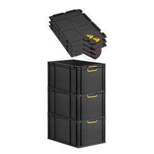 PROREGAL SuperSparSet: 3 schwarze Euroboxen mit gelben Griffen und Scharnierdeckel, gestapelt.