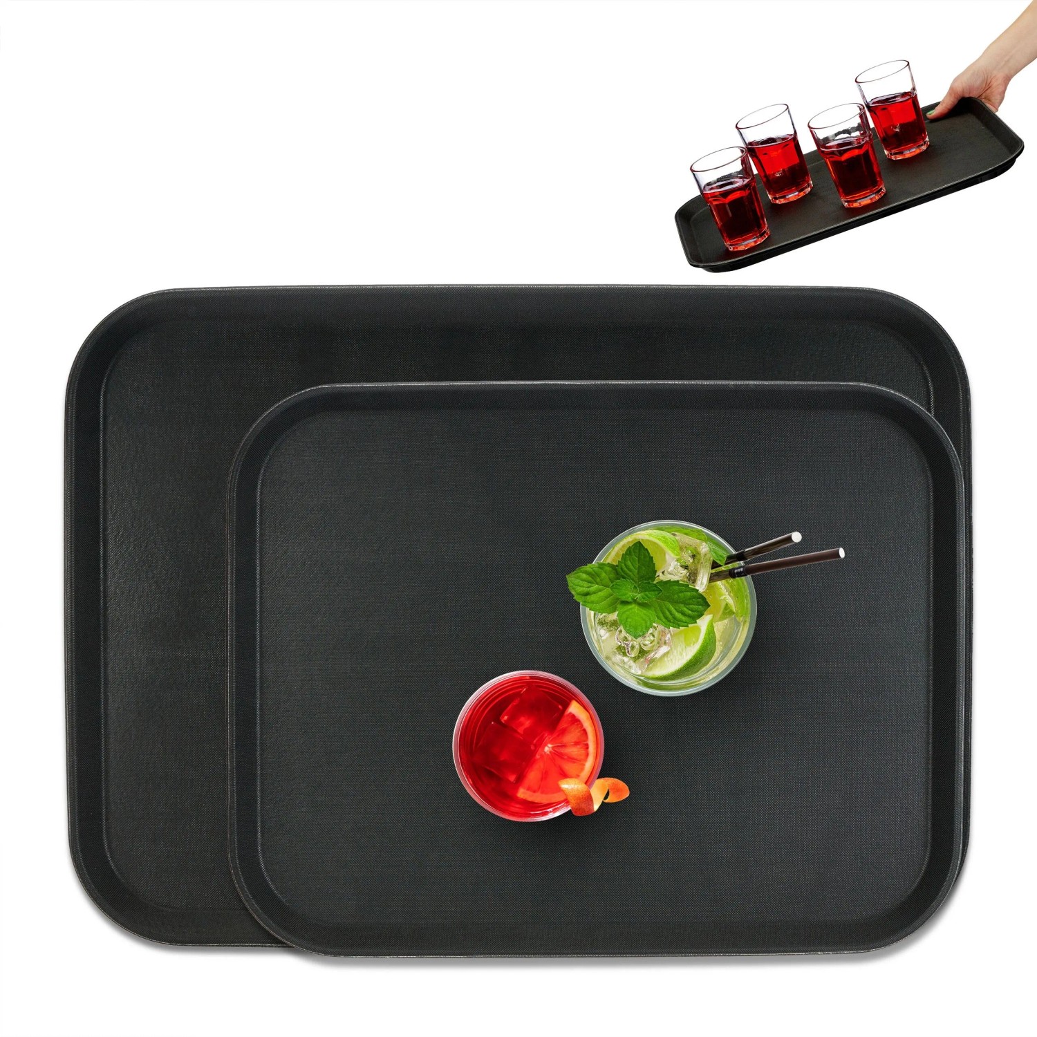 Relaxdays Serviertablett 2er Set Kunststoff Schwarz Rutschfest 56 cm x 41 cm