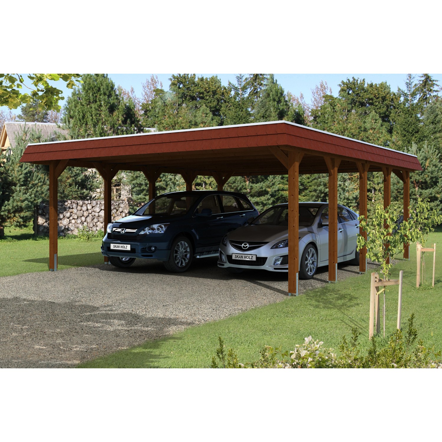 Skan Holz Doppelcarport Holz Nussbaum 585 cm x 741 cm