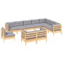 10-teiliges Garten-Lounge-Set aus Kiefernholz mit grauen Kissen. Gartenmöbel für Terrasse und Garten.