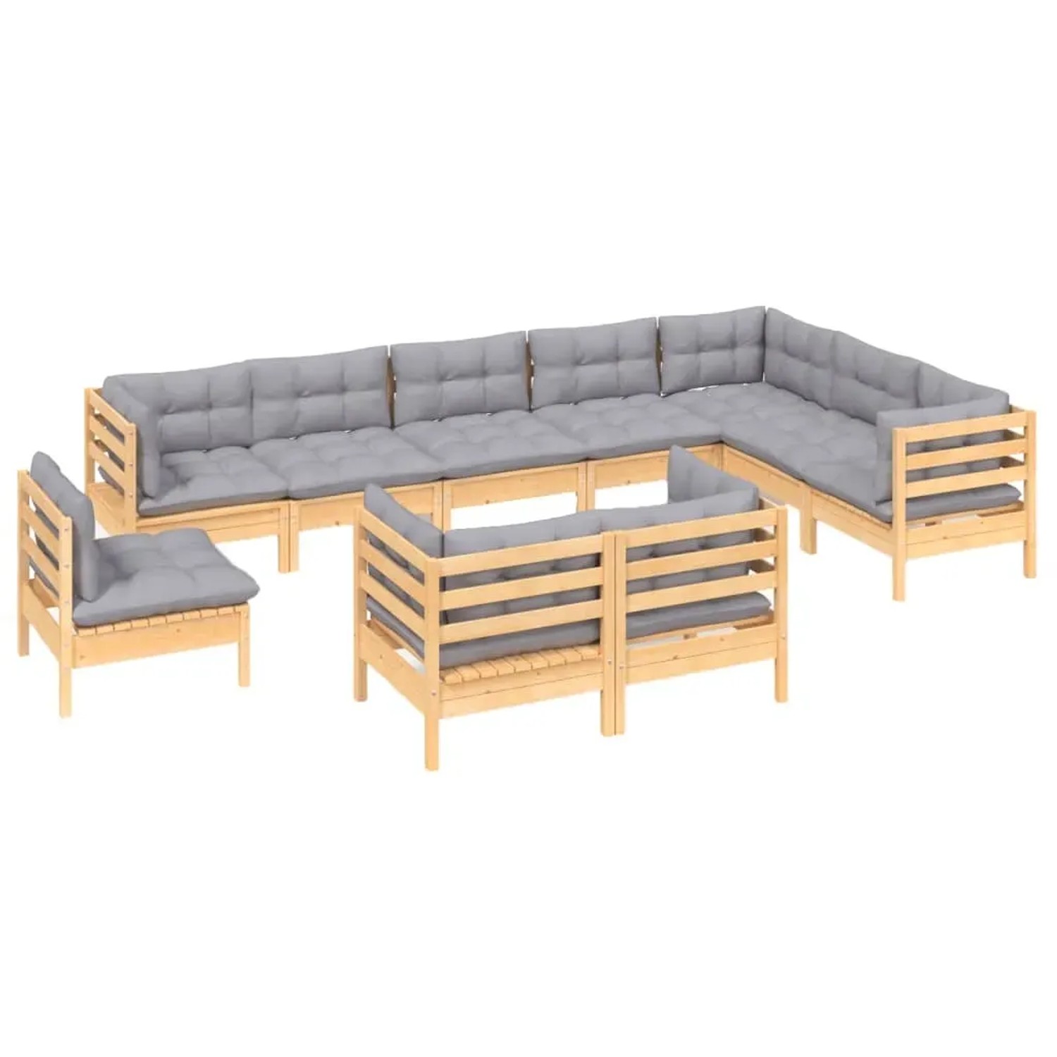 10-teiliges Garten-Lounge-Set aus Kiefernholz mit grauen Kissen. Gartenmöbel für Terrasse und Garten.