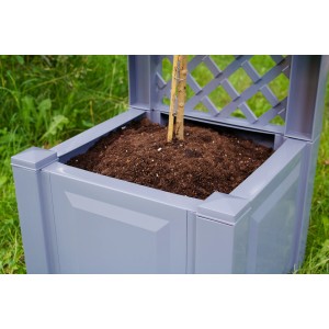 Grauer KHW Pflanzkasten klein mit Spalier, bepflanzt mit kleinem Baum, für Terrasse und Garten.