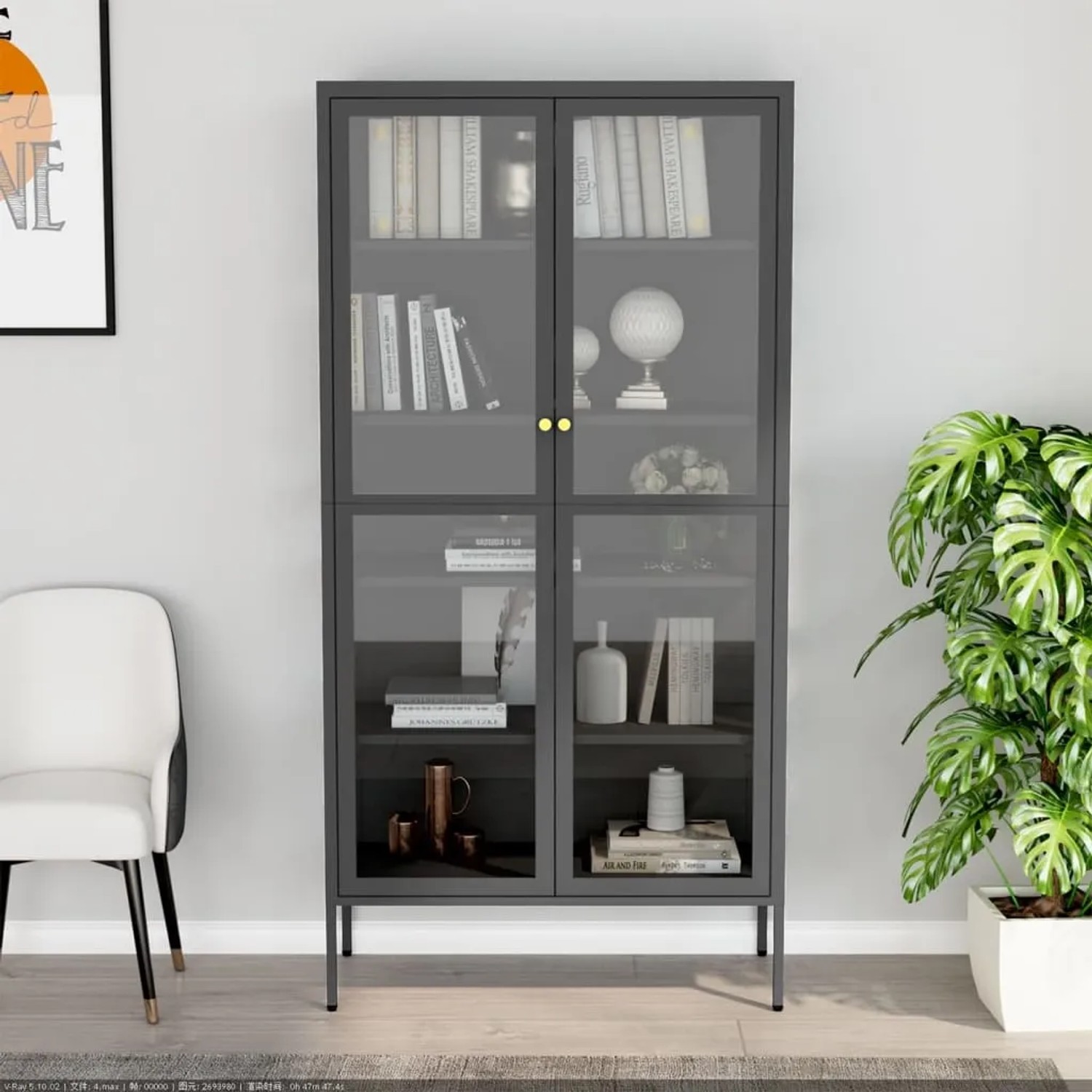 Anthrazitfarbene vidaXL Vitrine aus Stahl und Glas, 90x40x180 cm, mit vier Regalböden.
