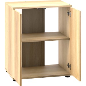 Juwel Aquariumunterschrank SBX Lido 120, helles Holz, mit zwei offenen Türen und zwei Regalböden.