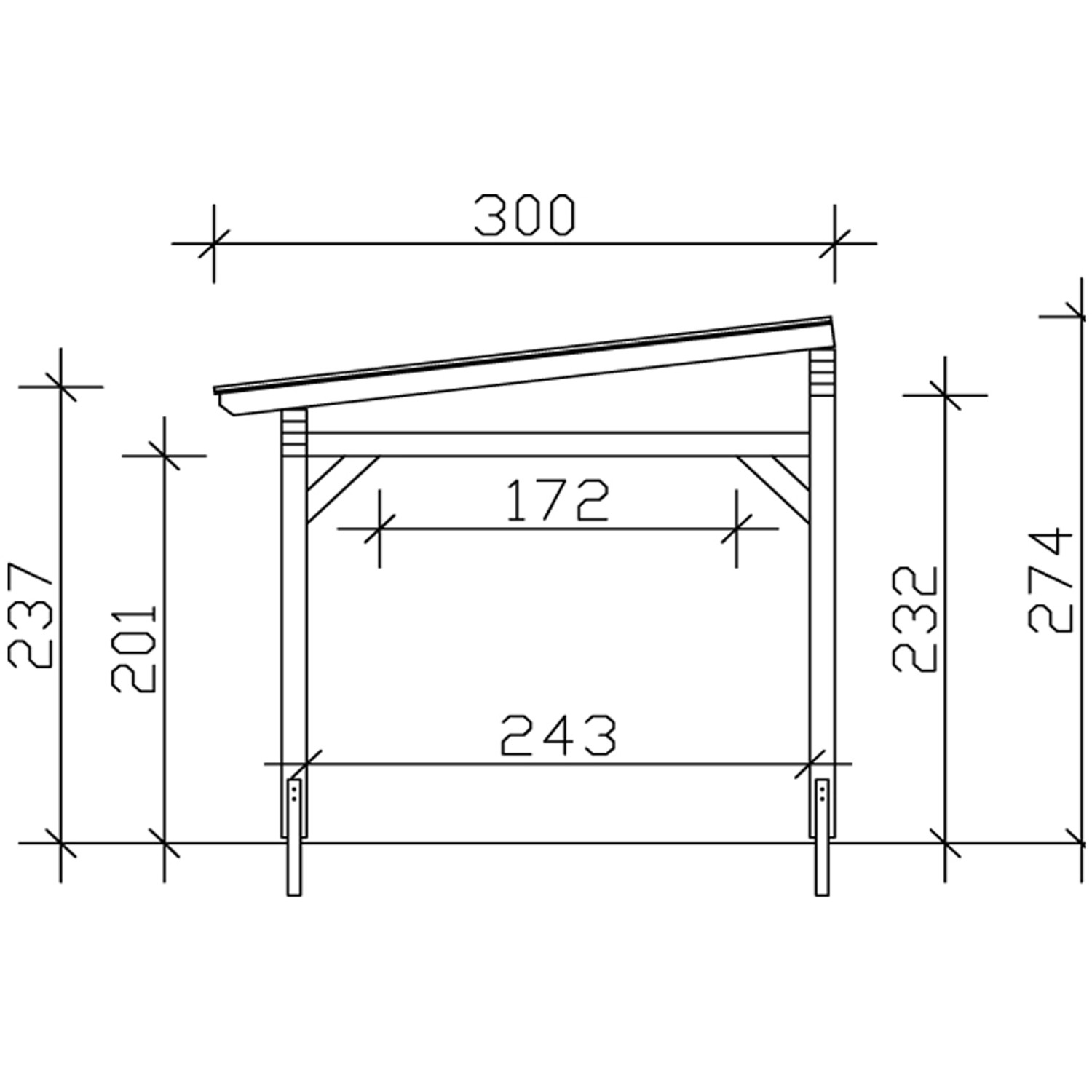 Technische Zeichnung der Skan Holz Terrassenüberdachung Sanremo, Maße 434 x 300 cm.