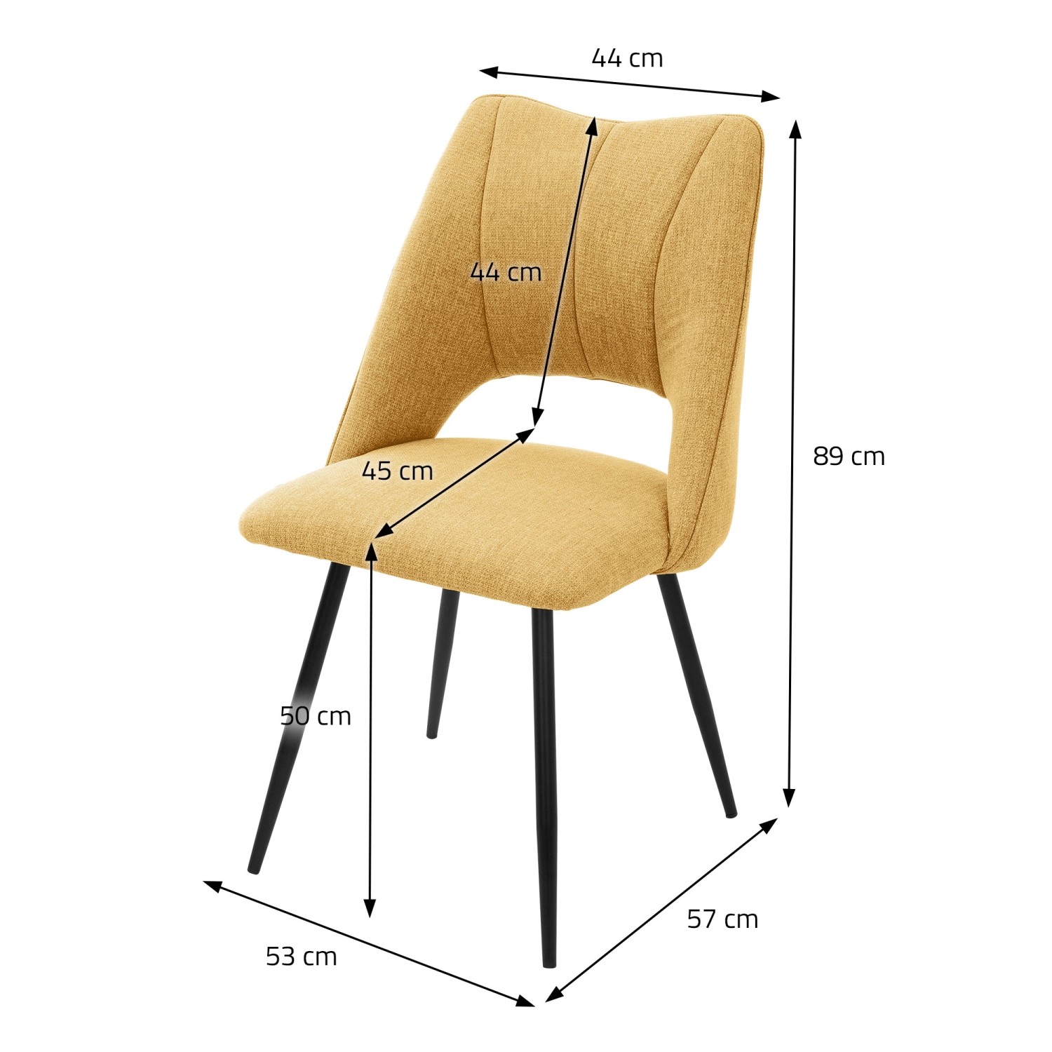 ML-Design Esszimmerstuhl 2er Set, senfgelber Stoffbezug, schwarze Beine, Maße eingezeichnet.