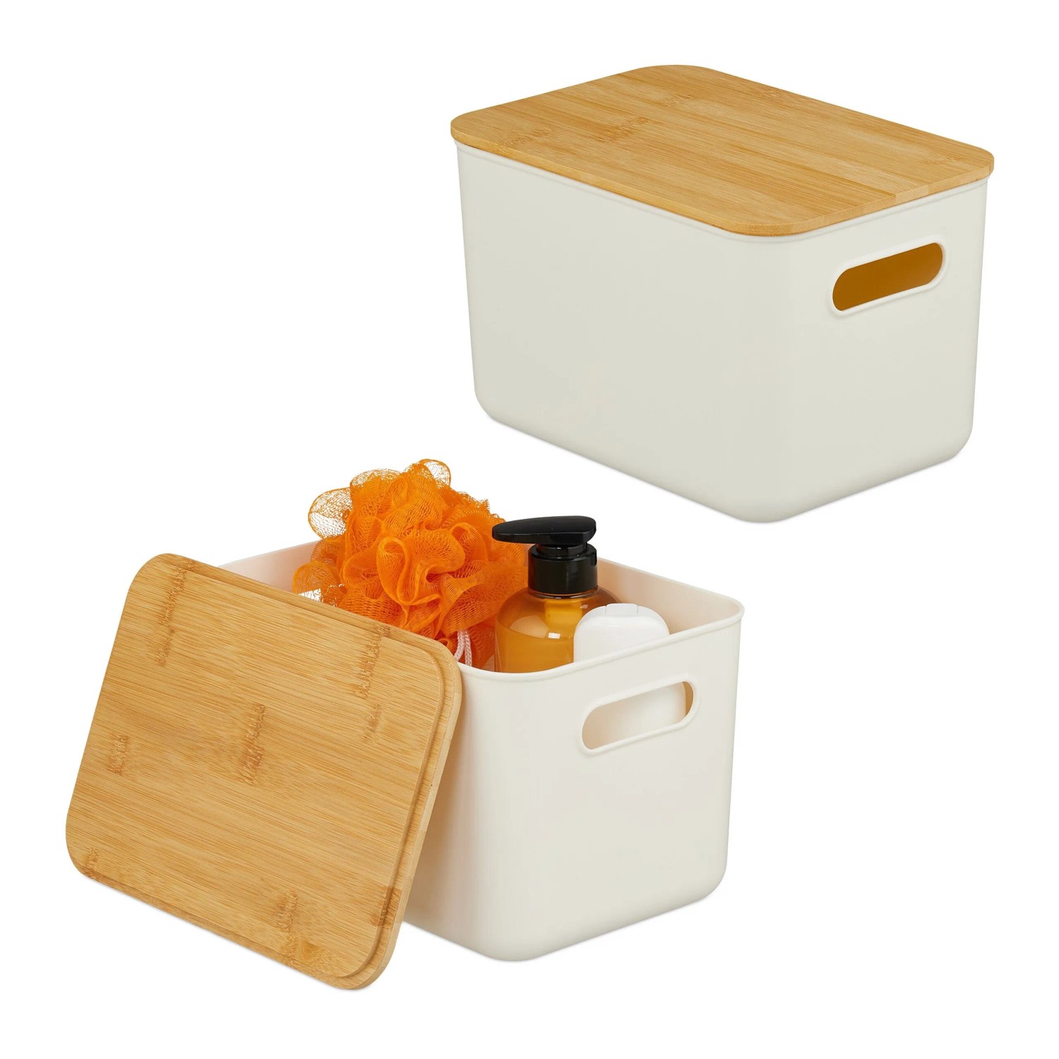 Relaxdays Aufbewahrungsbox Kunststoff Bambus Weiß Stapelbar 2er Pack S 16 cm x 26 cm x 17,5 cm 230 g