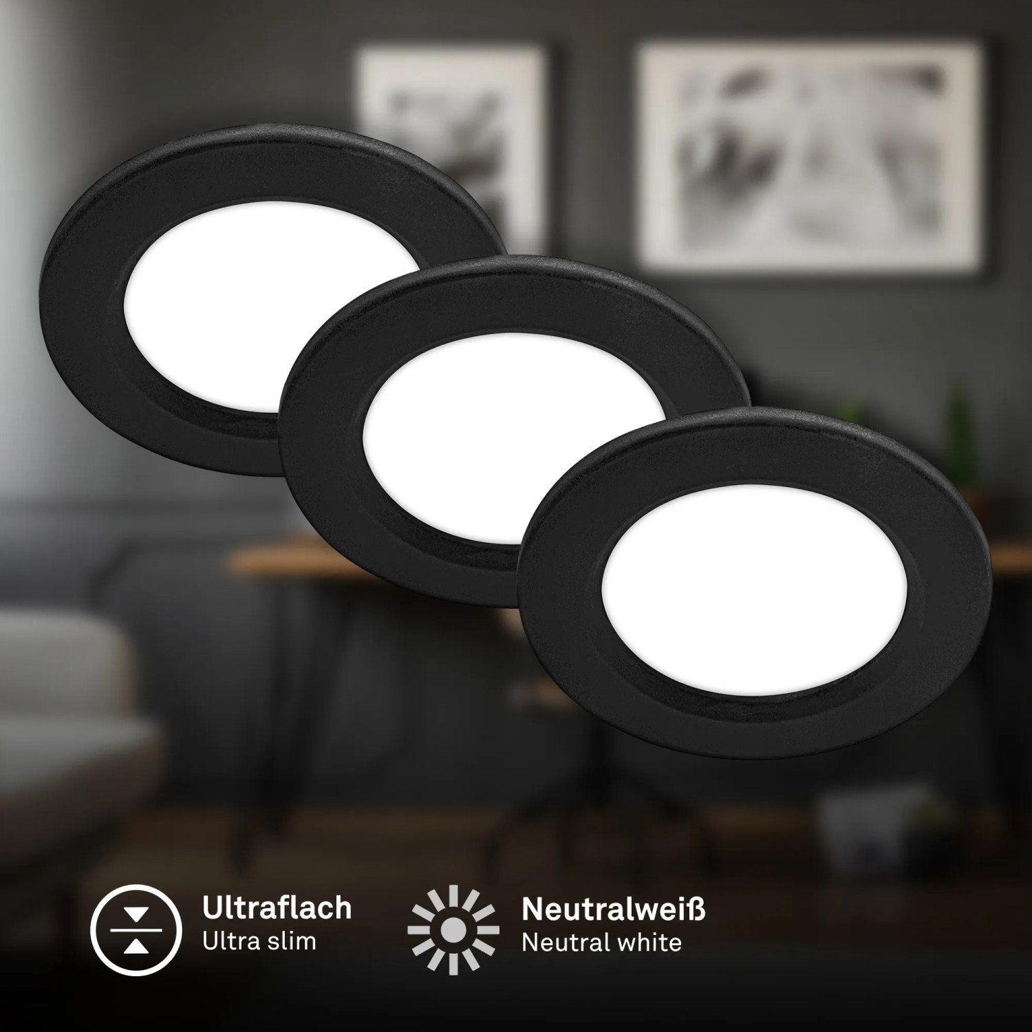 3er Set Briloner LED Einbaustrahler, flach, schwarz, neutralweißes Licht.