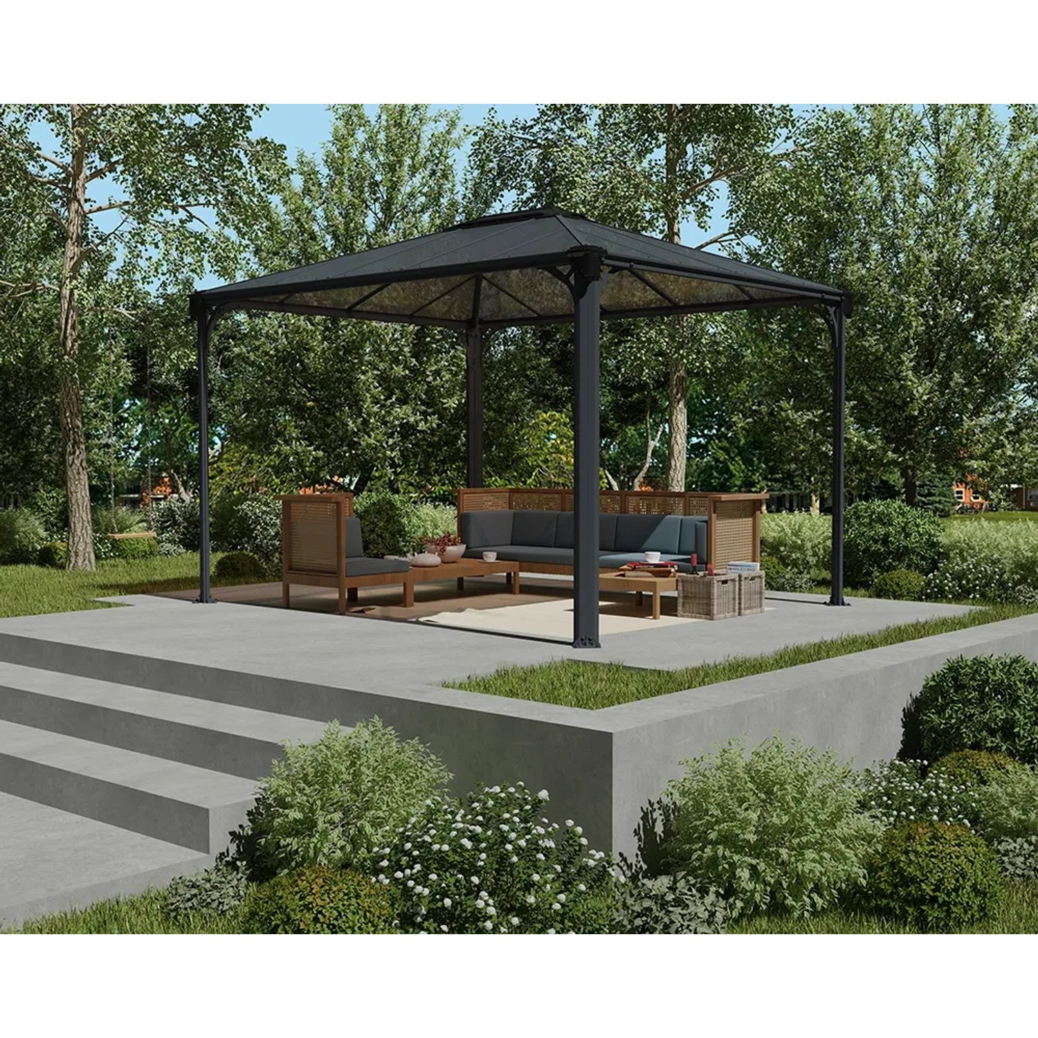 Palram Canopia Martinique Gartenpavillon 3x3.6 m in Anthrazit/Bronze mit Sitzgruppe im Garten.