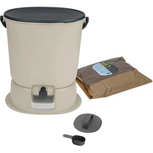 Skaza Bokashi Essential Starterset, cremeweißer Küchenkomposter mit Zubehör und Aktivator.