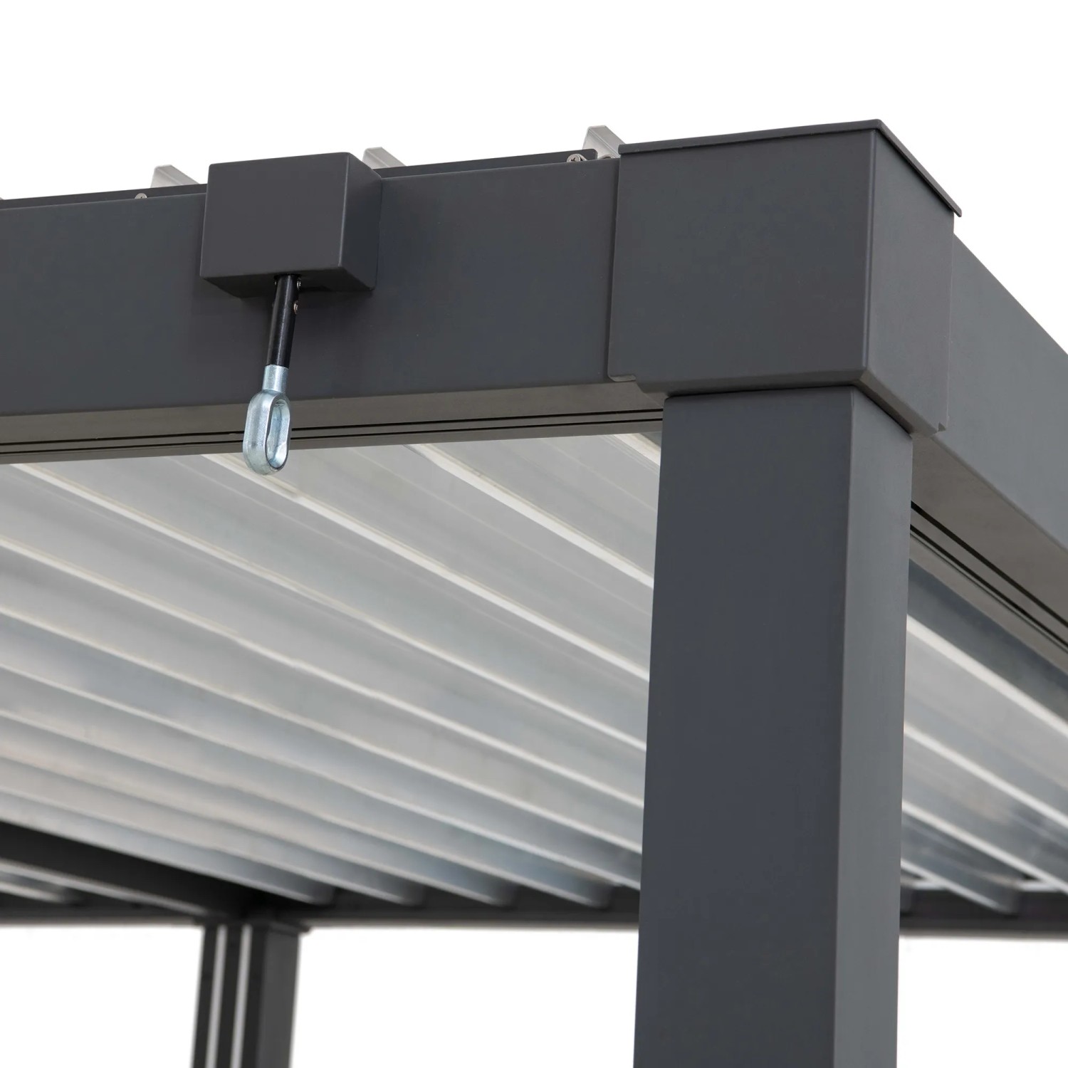 Detailansicht der anthrazitfarbenen Sunjoy Multi-Pergola Matterhorn mit Lamellendach.