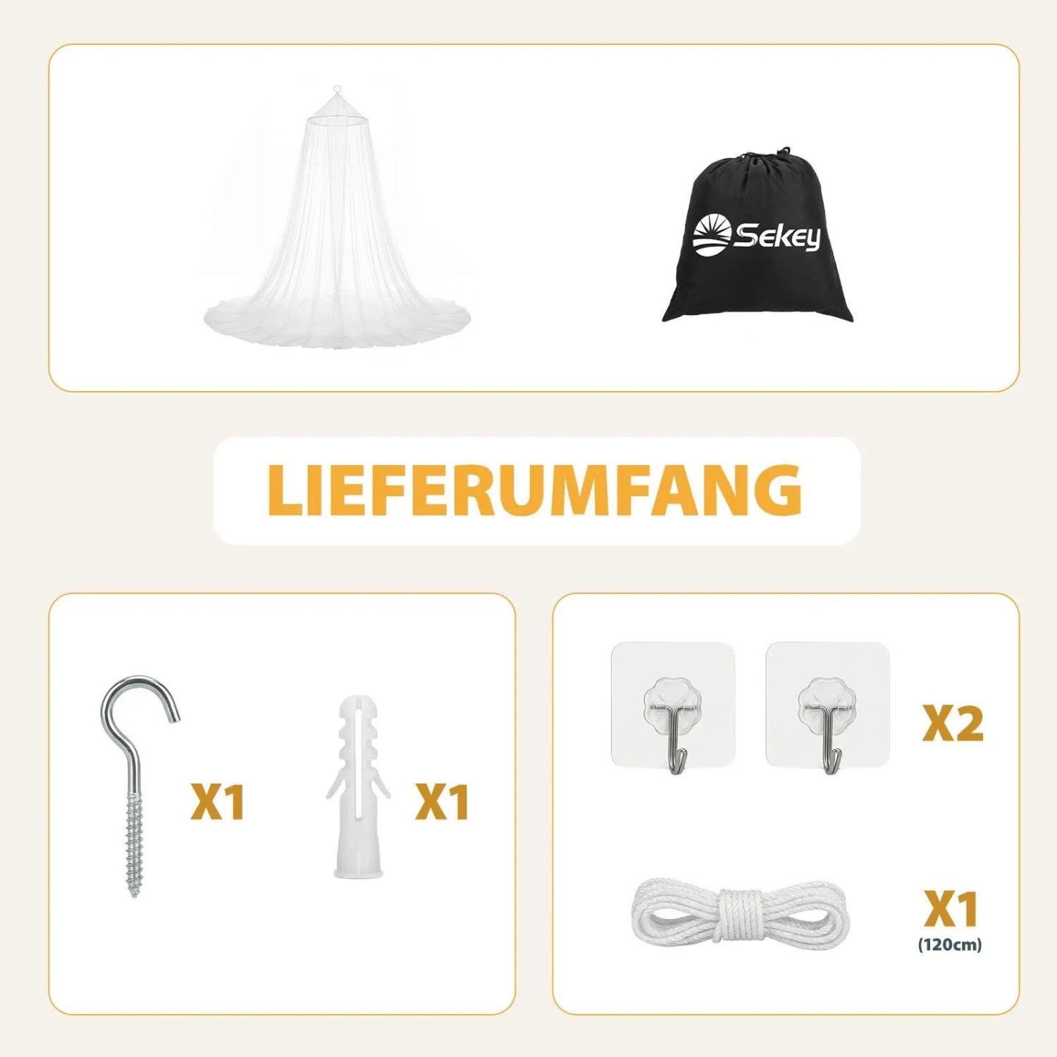 Lieferumfang: Weißes Sekey Moskitonetz, Tasche, Schraubhaken, Dübel, 2 Klebehaken, 120 cm Seil. Für Bett & Camping.