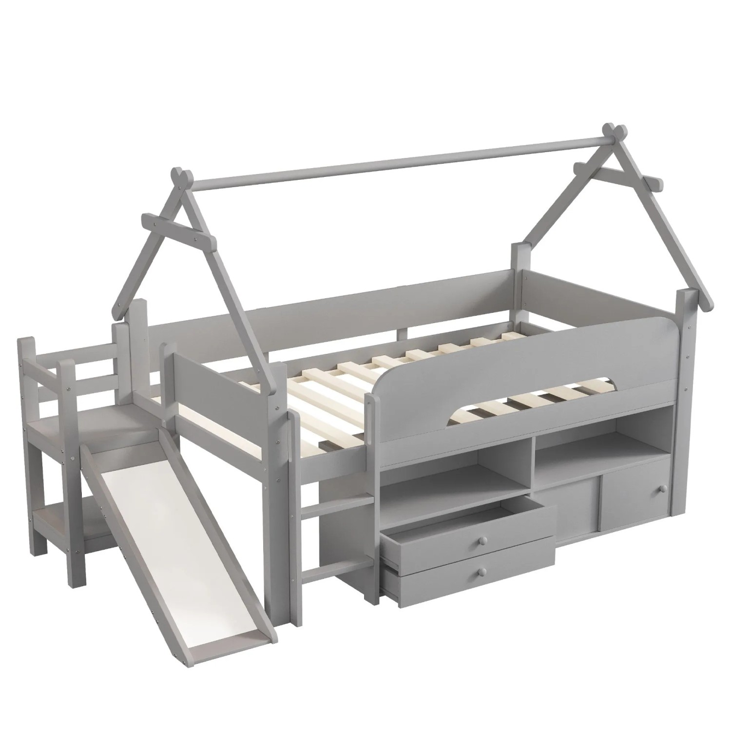 okwish Hochbett 90x200cm mit Rutsche Schubladen Sicherheitsgeländer Kinderbett Grau ohne Matratze