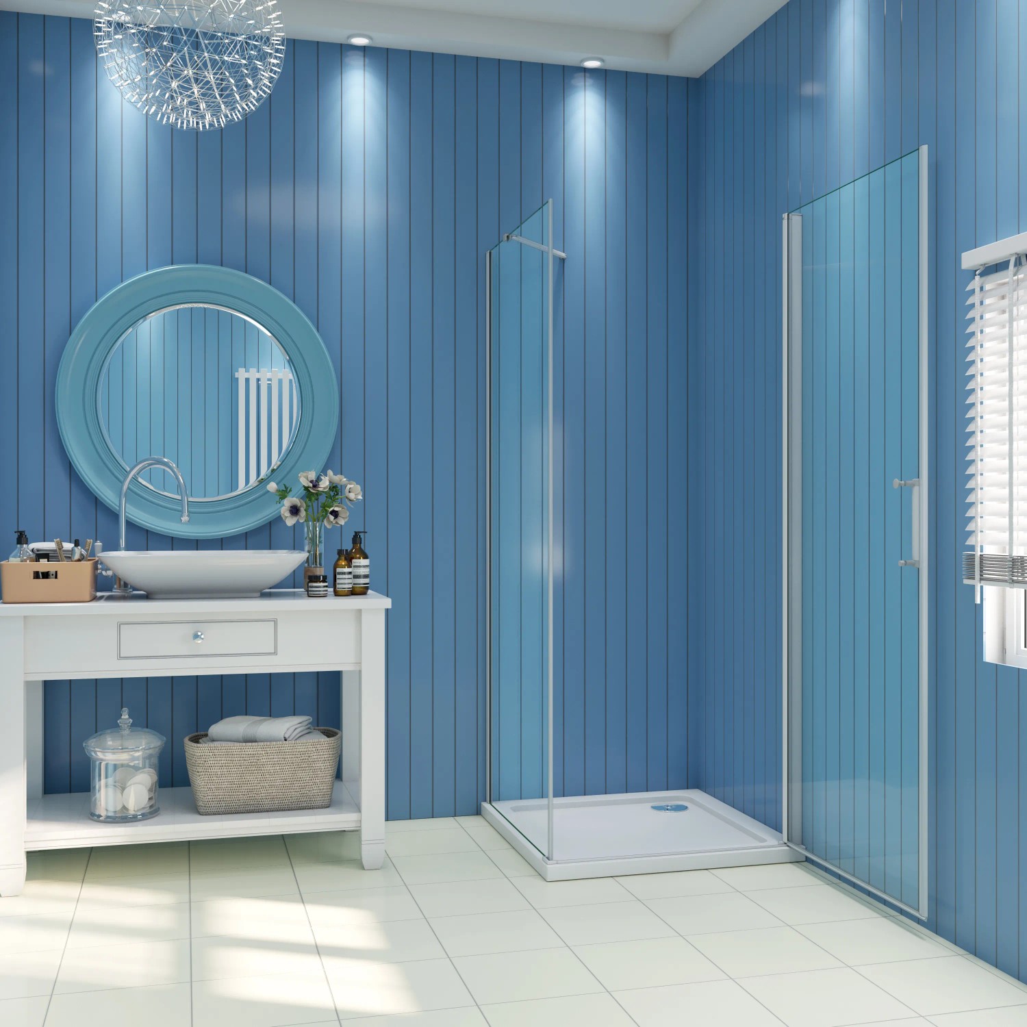 Eckige AICA Pendeltür Dusche, 90x90cm, Alu Silber Matt, mit ESG Glas in klar.