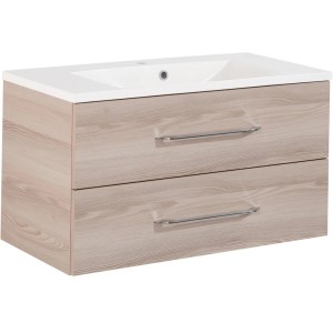 Fackelmann Waschplatz B.clever 90 cm, Alaska Esche Dekor, mit zwei Schubladen und Gussmarmor Waschbecken.